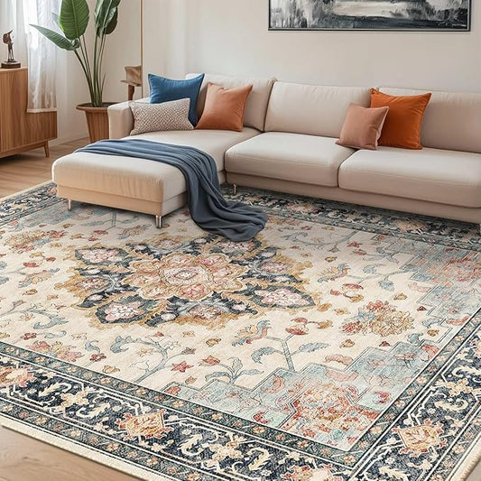 CAPALOCA Machine Washable Rugs Nursery Rug 5x7 Cute Girl Non Slip Low Pile Water Repellent Soft Print Pattern for Bedroom Indoor Decor Kids Playroom Bluebeige