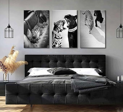 3 Pcs Black and White Cheetah Canvas Wall Art Vintage Trendy Wild Leopard Painting Picture Wall Decor Poster Print Artwork for Bedroom Living Room Apartment Home Decoration (24Lx16W-Canvas)