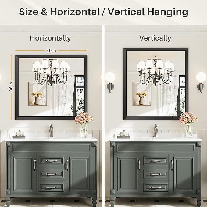 Briivue 40x36 Inch Black Bathroom Mirror for Wall, Thick Metal Framed Rectangle Mirrors for Over Sink, Bedroom, Living Room, Entryway, Anti-Rust, HD Tempered Glass