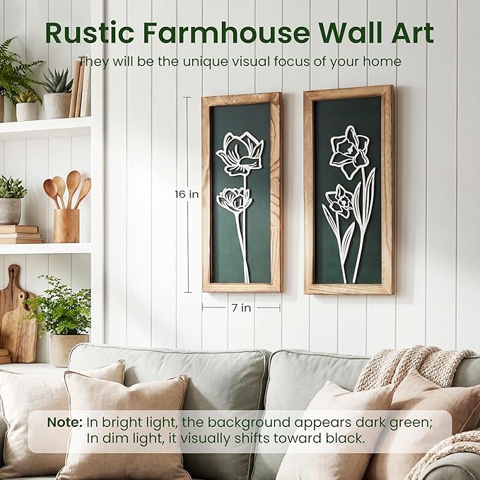 3D Floral Wall Art with 7''×16'' Botanical Textured Framed Artwork Decor Wall Art for Living Room Bedroom Office Bathroom Decor Wall Modern Boho Farmhouse Decor Wooden Ready to Hang (Set of 2)