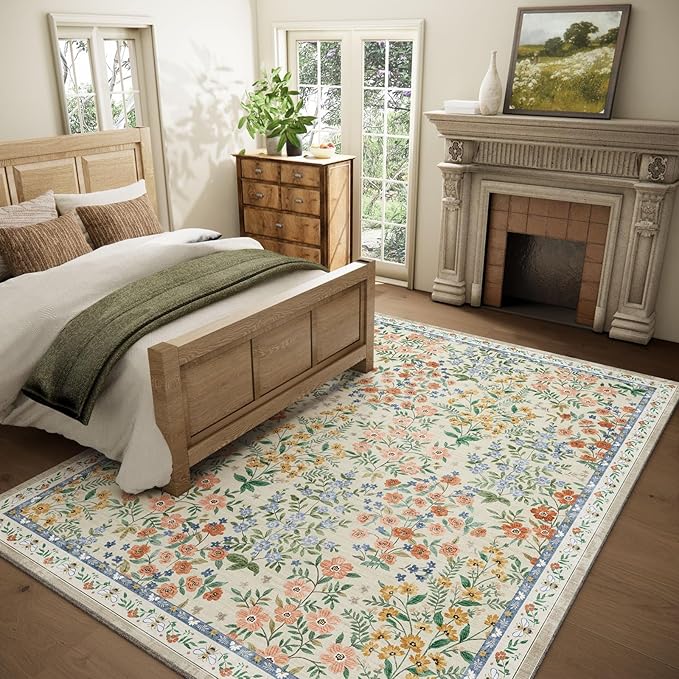 Machine Washable Rugs for Living Room: 8x10 Area Rugs for Bedroom Vintage Stain Resistant Non Slip Low Pile Lightweight Soft Carpet for Kitchen Dining Room Farmhouse Kids Room Nursery Playroom