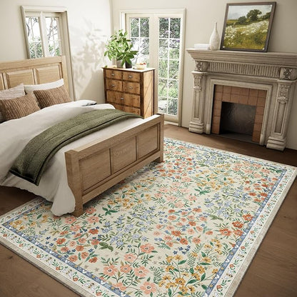 Machine Washable Rugs for Living Room: 6x9 Area Rugs for Bedroom Vintage Stain Resistant Non Slip Low Pile Lightweight Soft Carpet for Dining Room Kitchen Farmhouse Kids Room Nursery Indoor