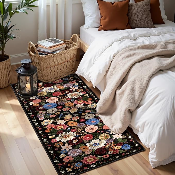 2x5 Entryway Runner Rugs, Non Slip Washable Rugs with Rubber Backing Soft Floral Carpet Runner for Kitchen, Laundry, Bedroom, Bathroom, Black/Brown