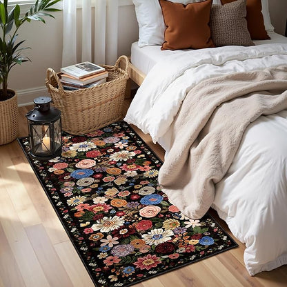 2x5 Entryway Runner Rugs, Non Slip Washable Rugs with Rubber Backing Soft Floral Carpet Runner for Kitchen, Laundry, Bedroom, Bathroom, Black/Brown