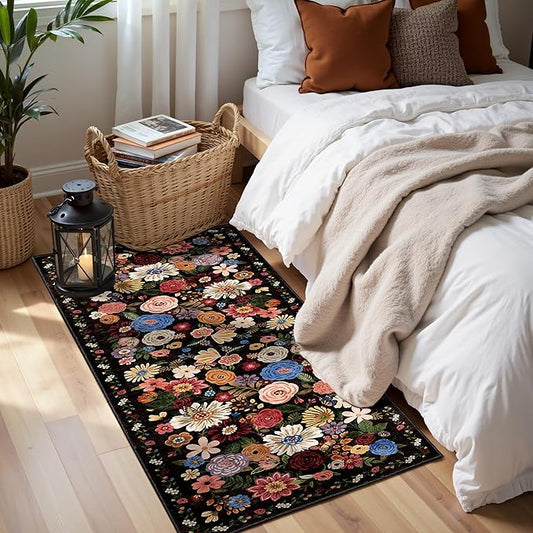 2x5 Entryway Runner Rugs, Non Slip Washable Rugs with Rubber Backing Soft Floral Carpet Runner for Kitchen, Laundry, Bedroom, Bathroom, Black/Brown