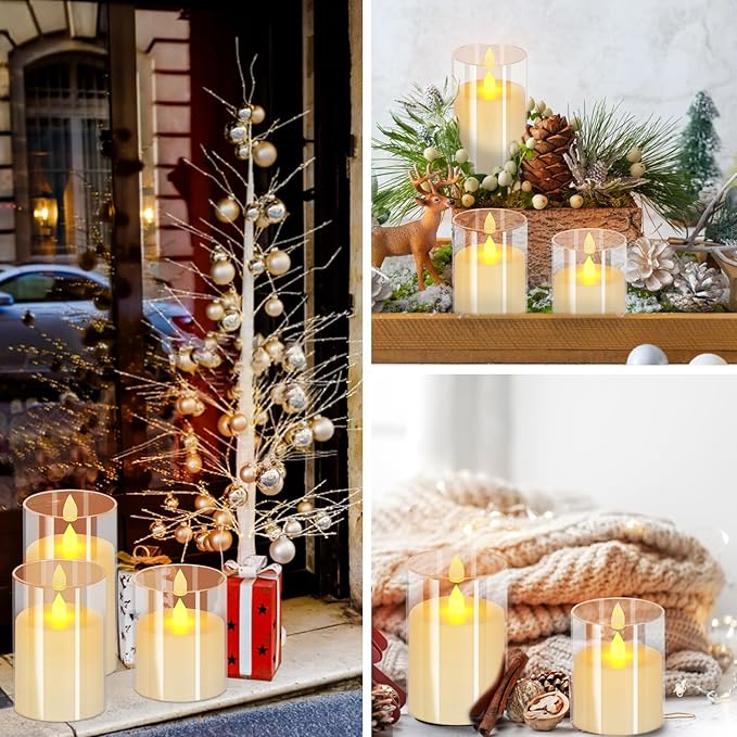 wemarry Flameless Candles 4" 5" 6" Acrylic Glass Pillars 3" Diameter Battery Operated Flickering Candles Include 8-Key Remote with Timer Function 400+ Hours (Pure White, Warm Light 12 Pack)