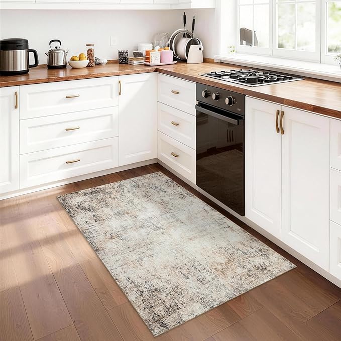 Neutral 3x5 Rug Non-Slip: Washable Area Rug for Bedroom Entryway Kitchen Bathroom Indoor - Modern Abstract Home Decor Mat Carpet - Sandstone Beige Gray