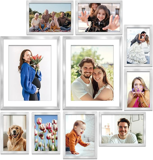 Icona Bay Combo-Sizes Silver Picture Frames Set - 10 PC (Four 4x6, Four 5x7, Two 8x10), Noble Collection Multi-Pack, Modern Professional Design for Wall Gallery