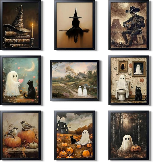 XYHYRA Halloween Wall Art Canvas Prints Set of 9, Dark Academia Wall Decor Painting, Ghost Cat Printed Poster, Gothic Spooky Aesthetic Picture for Gallery Living Room Bedroom Decor 8x10 inch Unframed