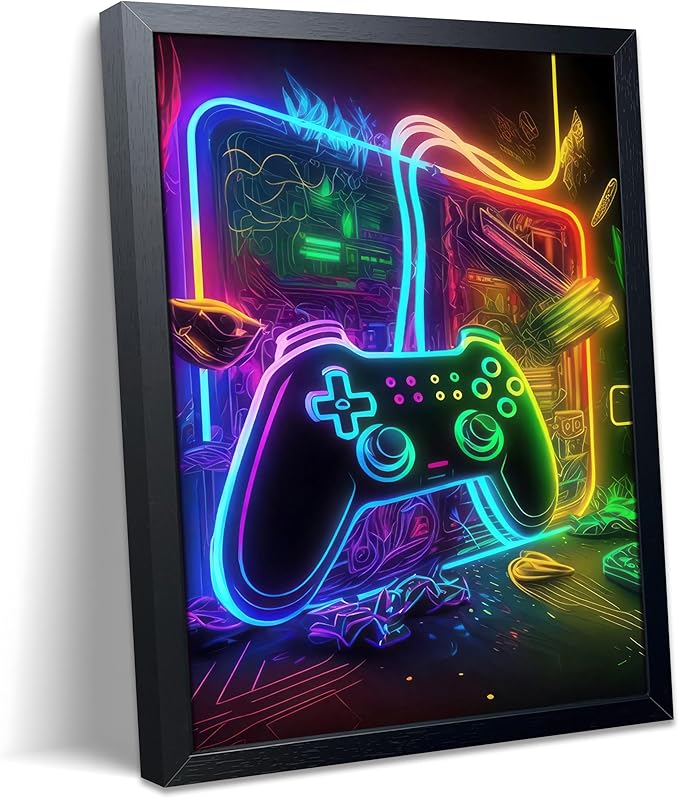 Boys Room Game Wall Decor Wall Decor, Neon Gaming Accessories Theme Wall Art, Colorful Neon Gamepad Canvas Painting Prints for Children Youth Boys Bedroom Decor 12x16 Inch Framed