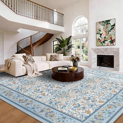 AMADA HOMEFURNISHING 8x10 Washable Area Rugs for Living Room, Non-Slip & Low-Profile Floral Large Area Rug with Durable Edge Binding, Soft Rugs for Living Room, Bedroom, Dining Room