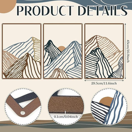 Peryiter 3 Pcs Metal Wall Art Decor Landscape Mountain Wall Hanging Decor for Living Room Abstract Minimalist Modern Mountain Line Pictures Bathroom Office Home Gifts Indoor(Vibrant Colors)