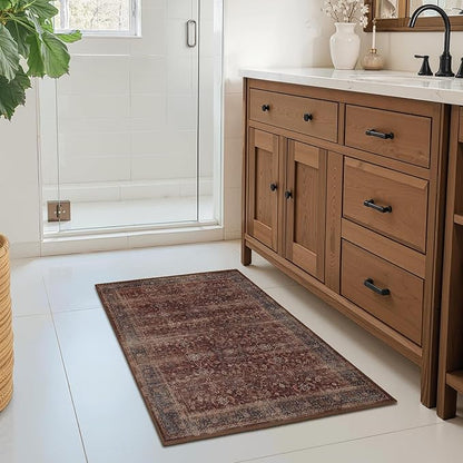 Brick Red 2x3 Entryway Rug, Vintage Earthy Front Door Mat Indoor Entrance, Low Pile Thin Kitchen Rugs Washable Non-Slip, Aesthetic Moody Small Area Rugs for Entry Way Bedroom Bathroom