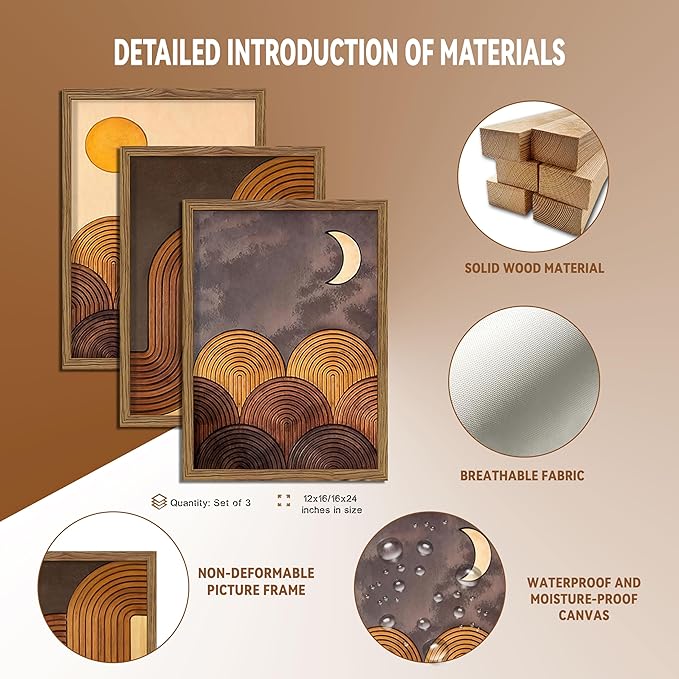 raiqtols Abstract Framed Wooden Canvas Wall Art Set of 3 – Sun Moon Geometric Boho Modern Wall Decor, Golden Brown Mid Century Prints with Wooden Frame for Living Room Bedroom – 12x16in