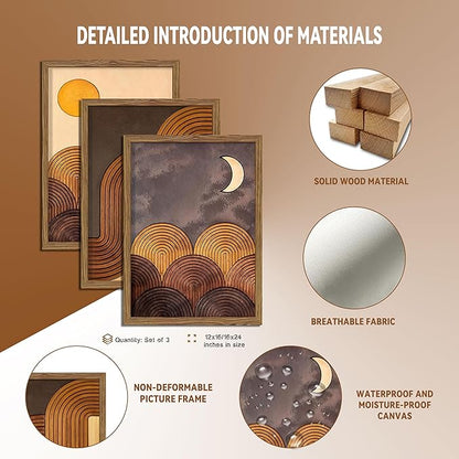 raiqtols Abstract Framed Wooden Canvas Wall Art Set of 3 – Sun Moon Geometric Boho Modern Wall Decor, Golden Brown Mid Century Prints with Wooden Frame for Living Room Bedroom – 12x16in