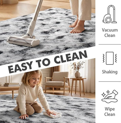 5x7 Ft Large Shag Rugs for Bedroom Living Room Decor for Men Boys, Tie Dyed Ultra Soft Fluffy Furry Area Rug for Indoor Floor, Aesthetic Carpet for Home Decor (Black White)