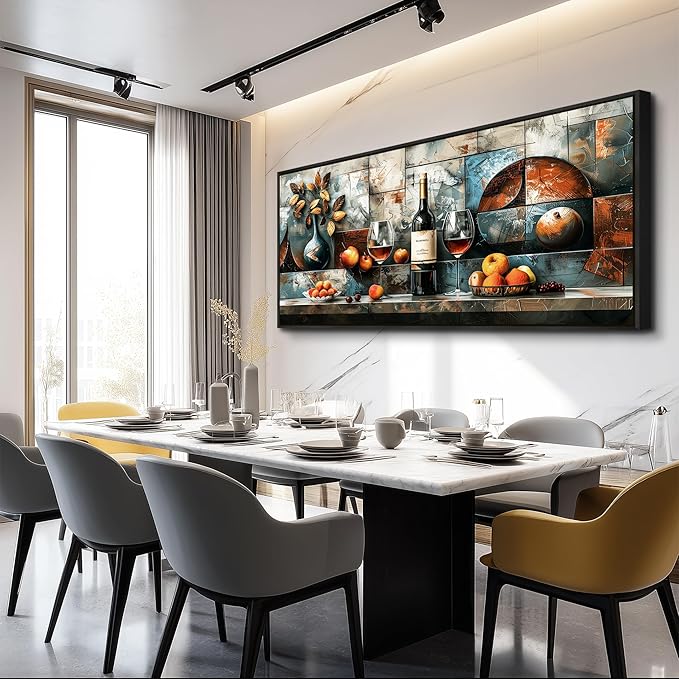 hyidecorart Large Framed Wall Art for Kitchen Vintage Wall Decor For Living Room Dining Room Decorations Modern Pictures Still Life Wine Glass Fruit Canvas Prints Painting Artwork Home Decor 32x72 In