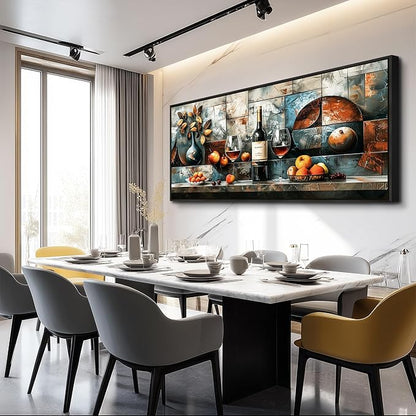 hyidecorart Large Framed Wall Art for Kitchen Vintage Wall Decor For Living Room Dining Room Decorations Modern Pictures Still Life Wine Glass Fruit Canvas Prints Painting Artwork Home Decor 32x72 In