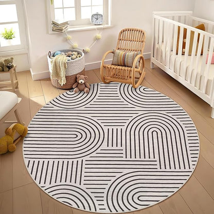 Washable Rug 6ft Area Rugs for Living Room, Abstract Rug for Bedroom, Soft Rainbow Non Slip Throw Rugs with Rubber Back, Low Pile Stain Resistant Boho Geometric Carpet for Dining Room,LightCamel