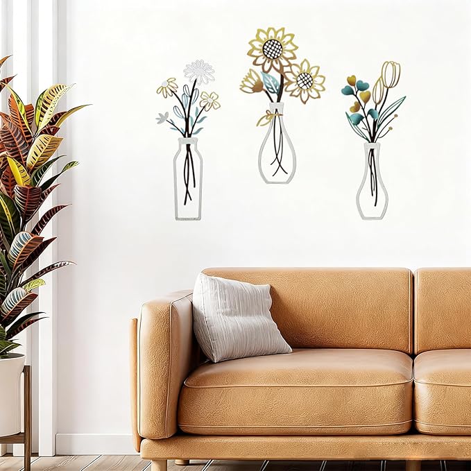3 Pcs Metal Flowers Wall Decor Rustic Farmhouse Decor Sunflower Minimalist Wall Art Decors for Bathroom Kitchen Living Room Bedroom Office Housewarming Gifts (Beige)