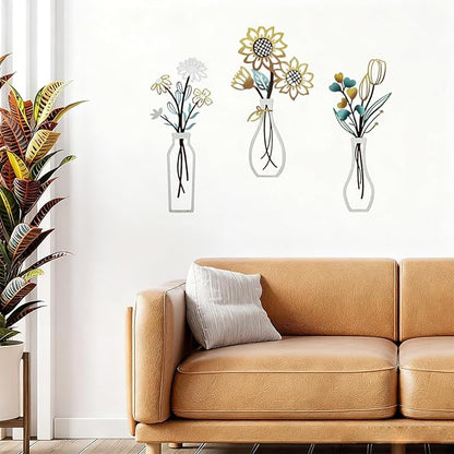 3 Pcs Metal Flowers Wall Decor Rustic Farmhouse Decor Sunflower Minimalist Wall Art Decors for Bathroom Kitchen Living Room Bedroom Office Housewarming Gifts (Beige)