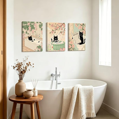 WENGTIAO Japanese Bathroom Wall Art Set of 3 Funny Black Cat Wall Paintings Cute Japan Cat Prints Pictures Animal on Toilet Photo Home Decor for Bathroom Restroom Laundry Room 12”x16”x3