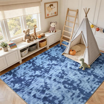 FinRèc 4x6 Washable Area Rugs for Bedroom Living Room, Low Pile Thin Ultra Soft Shag Rug, Non-Slip Carpet Indoor for Home Decor (Tie-dye Teal)