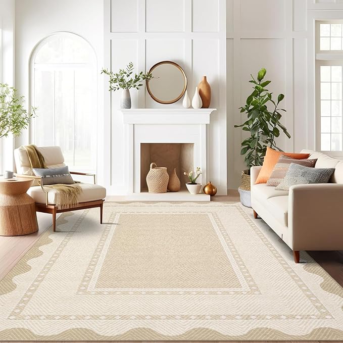 GarveeHome Modern Neutral 9x12 Area Rug Large Washable Rugs for Living Room, Low Pile Non Slip Stain-Resistant Soft Carpet, Contemporary Border Pattern Floor Mats for Home Decor, Beige