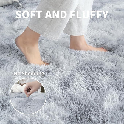 KICHOWUA Thick Area Rug 5x7 Light Grey Fluffy Shag for Bedroom, Ultra Soft Plush Fuzzy Washable Thickened Non Slip Carpet, Cozy Furry Shaggy Rug for Living Room Kids Nursery Dorm Room, Tie-Dye Gray