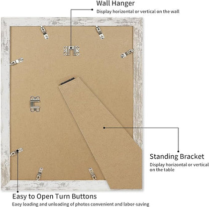 iRahmen 11x14 Picture Frame with Mat 8x10 - High Definition Tempered Glass Wooden Photo Frames for Wall Mounting (Distressed-White, Set of 2)