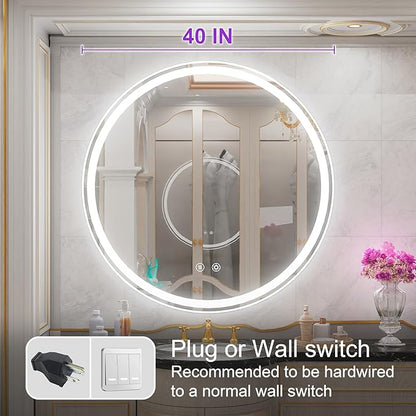 40 Inch Round LED Bathroom Mirror with Anti-Fog, Dimmable Front & Backlit Lights, 6000K Daylight, Frameless, 5mm HD Glass, Memory Function, Touch Control
