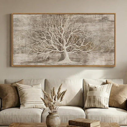 Large Framed Tree of Life Wall Art for Living Room, Rustic Farmhouse Abstract Tree Canvas Painting Print Artwork for Walls, Modern Neutral Forest Picture for Bedroom Office Wall Decor, 60x30 In