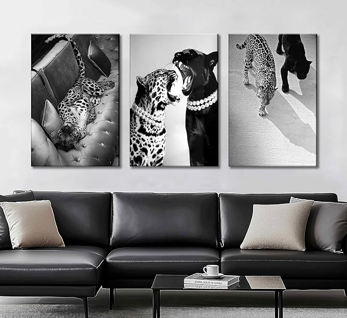 3 Pcs Black and White Cheetah Canvas Wall Art Vintage Trendy Wild Leopard Painting Picture Wall Decor Poster Print Artwork for Bedroom Living Room Apartment Home Decoration(16Lx12W-Canvas)