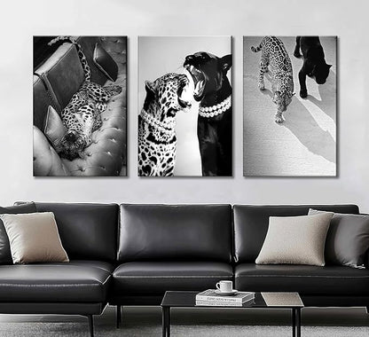 3 Pcs Black and White Cheetah Canvas Wall Art Vintage Trendy Wild Leopard Painting Picture Wall Decor Poster Print Artwork for Bedroom Living Room Apartment Home Decoration(16Lx12W-Canvas)