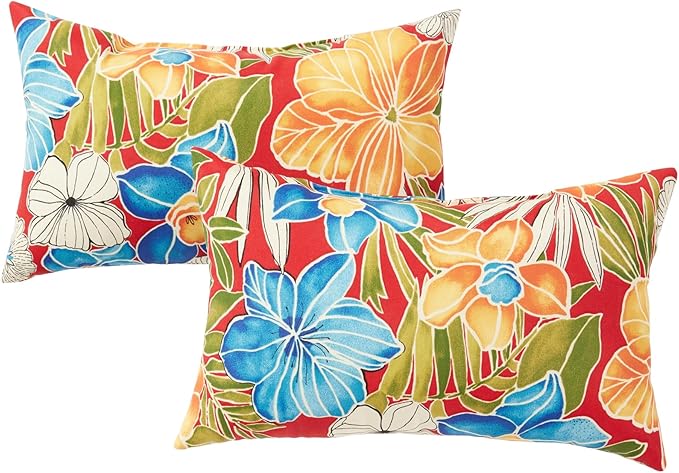 Set of 2 Outdoor Throw Pillows 19 x 12 Inch – Reversible Rectangle Patio Accent Pillows – Weather-Resistant Polyester Fabric – Eco-Friendly Recycled Polyfiber Fill – Aloha Red Floral