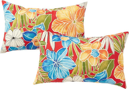 Set of 2 Outdoor Throw Pillows 19 x 12 Inch – Reversible Rectangle Patio Accent Pillows – Weather-Resistant Polyester Fabric – Eco-Friendly Recycled Polyfiber Fill – Aloha Red Floral