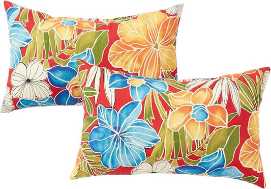 Set of 2 Outdoor Throw Pillows 19 x 12 Inch – Reversible Rectangle Patio Accent Pillows – Weather-Resistant Polyester Fabric – Eco-Friendly Recycled Polyfiber Fill – Aloha Red Floral
