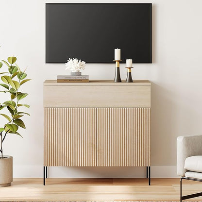 WAMPAT Fluted TV Stand TVs up to 35", 31.5" W Modern TV Entertainment Center with Storage Cabinets and 1 Drawers & 2 Doors, Wood Media TV Console Table with Storage for Living Room, Beige
