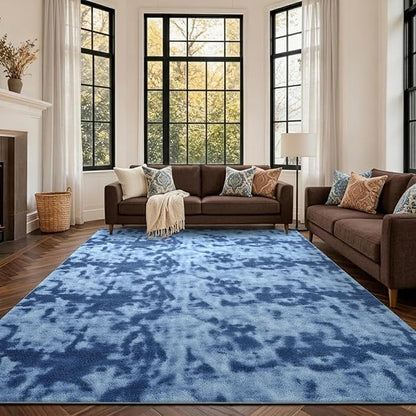 FinRèc 7x10 Washable Area Rugs for Bedroom Living Room, Low Pile Thin Ultra Soft Shag Rug, Non-Slip Carpet Indoor for Home Decor (Tie-dye Teal)