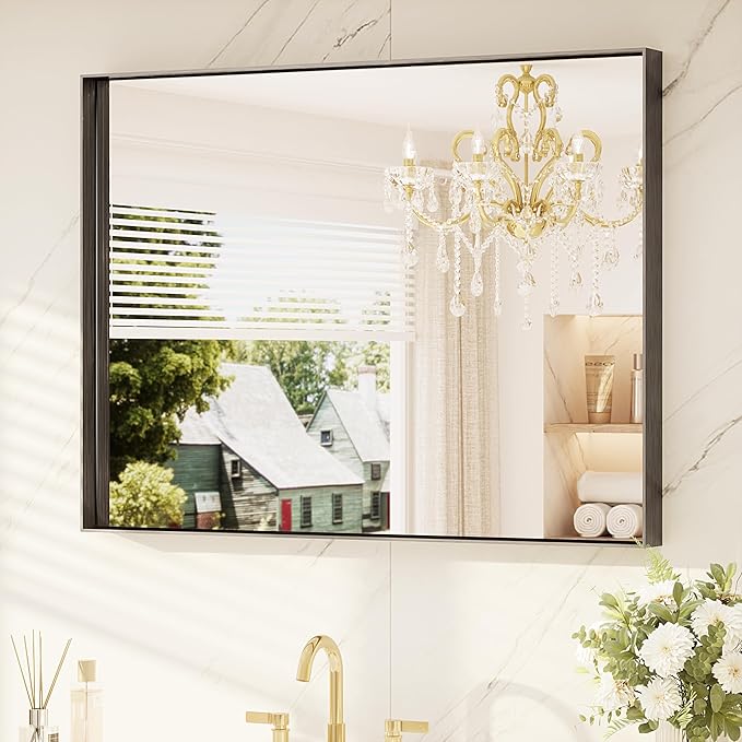 TETOTE Black Mirror for Bathroom 40" x 30" Matte Black Frame Bathroom Vanity Mirror for Over Sink, Tempered Glass, Modern Farmhouse Rectangle Wall Mirrors for Living Room, Bedroom, Entryway