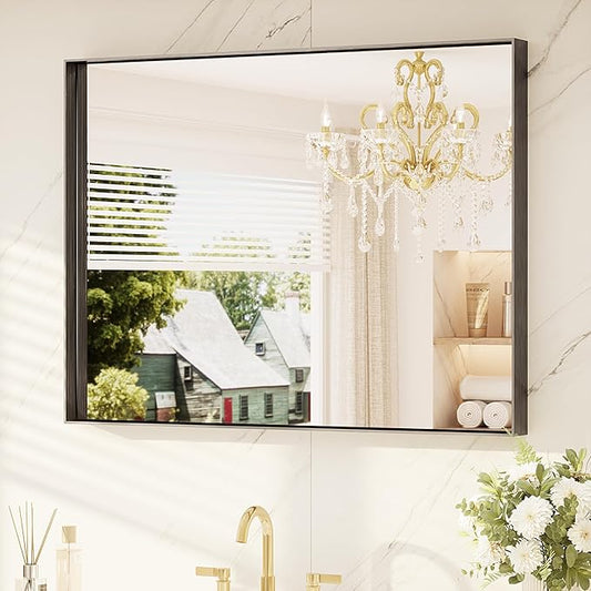 TETOTE Black Mirror for Bathroom 40" x 30" Matte Black Frame Bathroom Vanity Mirror for Over Sink, Tempered Glass, Modern Farmhouse Rectangle Wall Mirrors for Living Room, Bedroom, Entryway