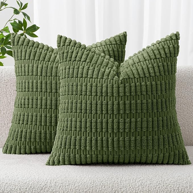 MIULEE Pack of 2 Spring Corduroy Decorative Euro Sham Throw Pillow Covers 24x24 Inch Soft Boho Striped Pillow Covers Modern Farmhouse Home Decor for Summer Sofa Living Room Couch Bed Moss Green