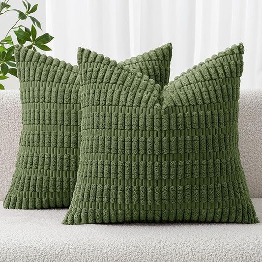 MIULEE Pack of 2 Spring Corduroy Decorative Euro Sham Throw Pillow Covers 24x24 Inch Soft Boho Striped Pillow Covers Modern Farmhouse Home Decor for Summer Sofa Living Room Couch Bed Moss Green