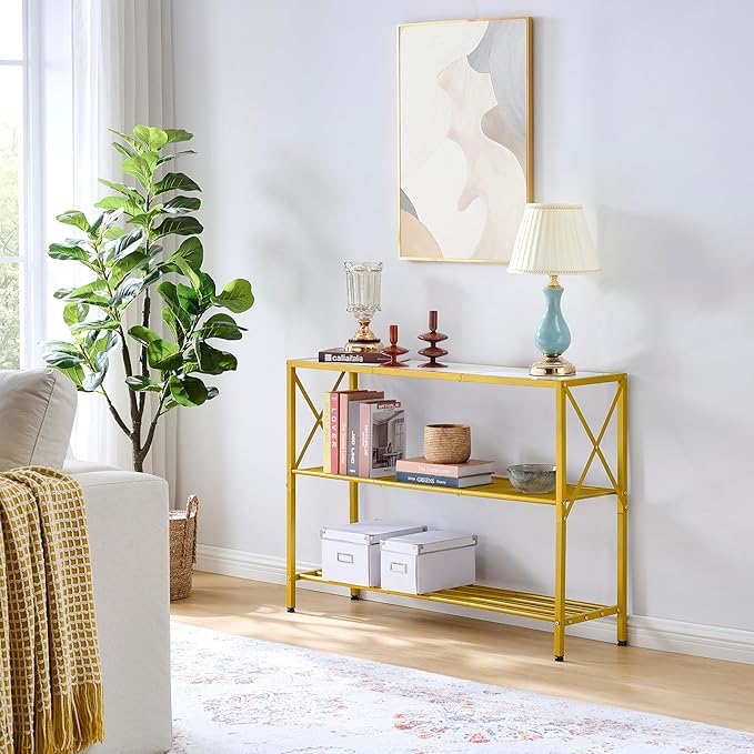 Hoctieon Gold Console Table, 3 Tier Entryway Table with Shelves, Narrow Sofa Table for Hallway, Living Room, Foyer, Office, 42" x 12", Gold and White