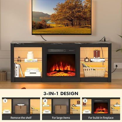 Kucreiheat 58 inch TV Stand with Fireplace-Entertainment Center with LED & Outlet for 65 inch TV-Black Media Console with Adjustable Glass Shelves, Modern TV Cabinet for Living Room/Bedroom