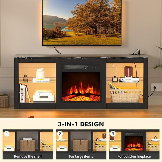 Kucreiheat 58 inch TV Stand with Fireplace-Entertainment Center with LED & Outlet for 65 inch TV-Black Media Console with Adjustable Glass Shelves, Modern TV Cabinet for Living Room/Bedroom