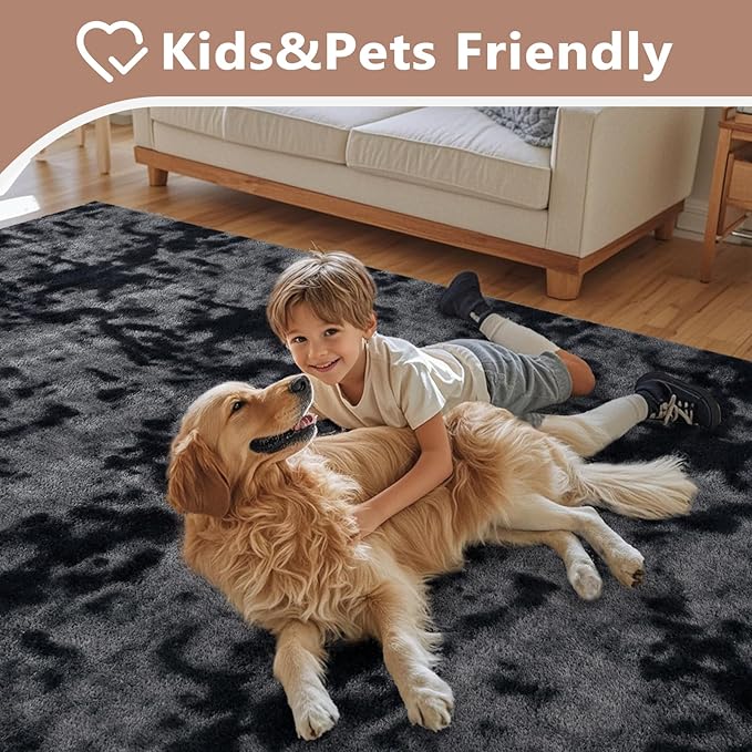 FinRèc 4x6 Washable Area Rugs for Bedroom Living Room, Low Pile Thin Ultra Soft Shag Rug, Non-Slip Carpet Indoor for Home Decor (Tie-dye Dark Grey)