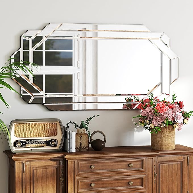Chende 24" x 47" Large Wall Mirror for Decor, Octagonal Decorative Mirror with Beveled Edge and Glass Pieces, Large Accent Mirror for Living Room, Bedroom, Dining Room, Hallway