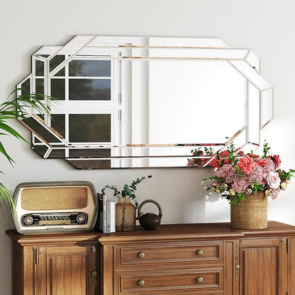 Chende 24" x 47" Large Wall Mirror for Decor, Octagonal Decorative Mirror with Beveled Edge and Glass Pieces, Large Accent Mirror for Living Room, Bedroom, Dining Room, Hallway