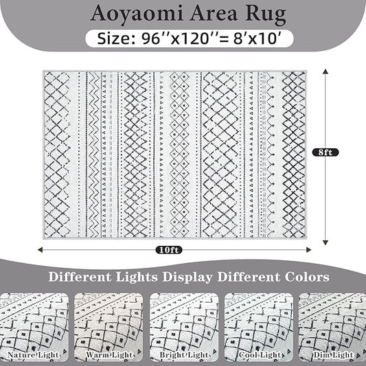 Area Rug Living Room Rugs 8x10 - Large Soft Boho Geometric Rug, Non-Slip Foldable Washable Rugs Non Shedding Morden Indoor Floor Carpet for Living Bedroom Office Dining Room(Black,8'x10')